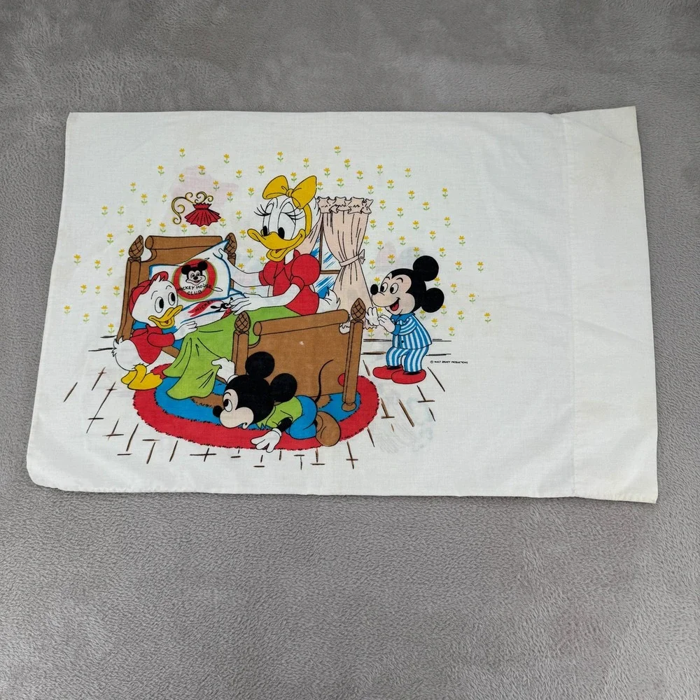VTG 70s Disney Mickey Mouse Club Chores‎ Pillowcase White Donald Daisy Minnie